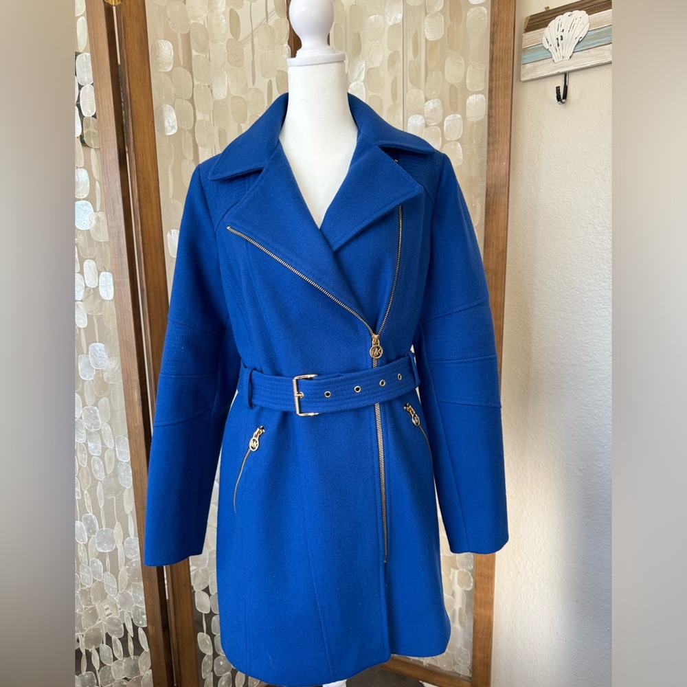 Michael Kors Asymmetrical Belted Walker Coat M Electric Blue 60% Wool!